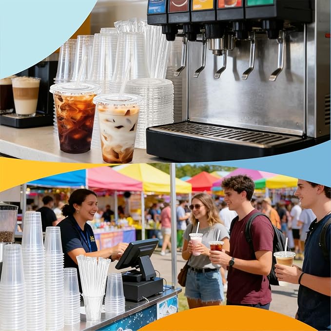 Coolcap 20 oz 100 Pack Disposable Clear Plastic Cups with Lids and Straws, Food Safe Bulk Iced Coffee Cups for Smoothies, Milkshakes and Other Cold Drinks