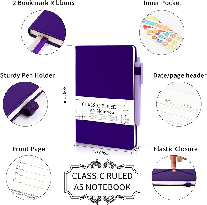 feela 3 Pack Notebooks Journals Bulk, Hardcover Notebook Classic Ruled Lined Journal Set with Pen Holder for Work Business Journaling Note Taking, with 3 Black Pens, 120 GSM, 5.1”x8.3”, A5, Purple