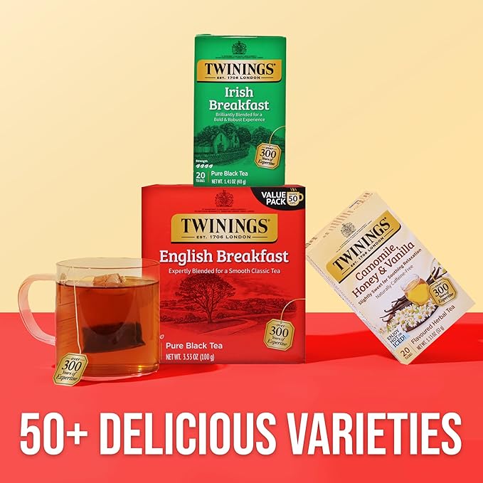 Twinings English Breakfast Black Tea Individually Wrapped Bags, 50 Count (Pack of 6), Flavourful, Robust, Caffeinated, Enjoy Hot or Iced, 300 Teabags