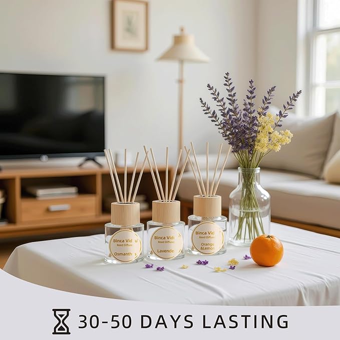 Binca Vidou Reed Diffuser Set, Lavender Osmanthus Orange&Lemon Scent Oil Diffusers with Sticks for Home Office Bathroom Aromatherapy Decor 1.69oz X 3