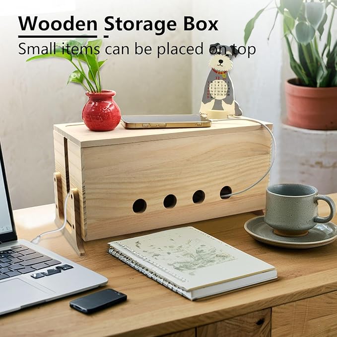 Large Cable Management Box, Wood Cord Hider Box & Organizer for Power Strip Hider Cable Storage for Office, TV Wires, Desk Cord Organizer, 14.2" x 6" x 6.3", Natural, Wood