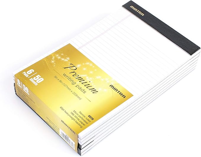 Mintra Office Legal Pads - ((PREMIUM WHITE 6pk, 5in x 8in, NARROW RULED))