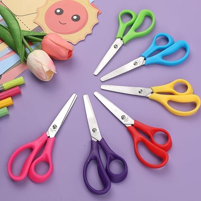 BURVAGY 24Pack 5.5" Safety Small School Kids Student Round Blunt Tip Craft Scissors Bulk, Stainless Steel Blades Comfort Grip Scissors for Kid Children Kindergarten Cutting Paper
