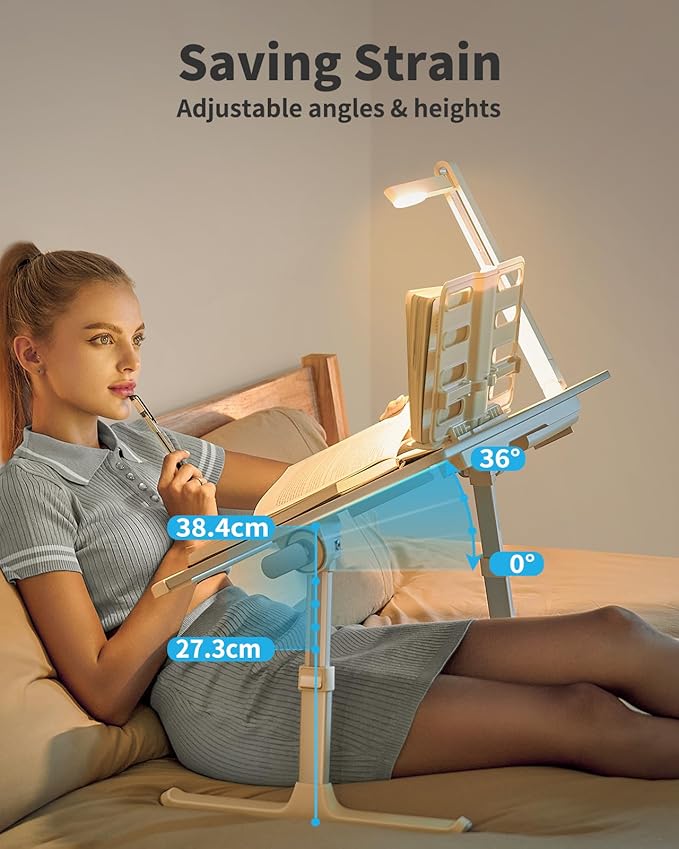 SAIJI Laptop Bed Tray Desk with LED Desk Light, Adjustable Laptop Stand for Bed, XX-Large PVC Leather Foldable Table with Book Stand, Wrist Rest, Extra Leg Room (Grey)