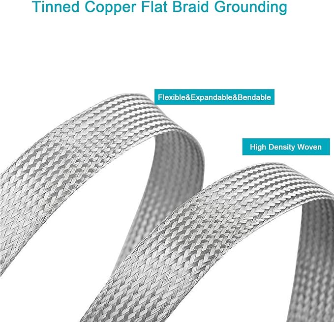 Tinned Copper Braided Cable Shielding Sleeve Metal Wire Loom Sheathing EMI RFI ESD Protector Grounding Mesh Flat Tubular Expandable 11/16" W(0.44" ID)-16FT