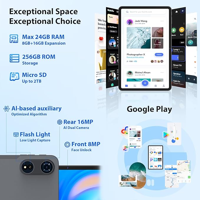 JJGJ 2026 12 Inch Android 16 Tablet with Keyboard, 24GB+256GB+2TB Expand, 2K Gemini AI Tablet with 5G WiFi, Octa-Core, 8000mAh, BT5.0, 16+8MP, 2 in 1 Tablets PC with Case, Mouse, Stylus (Black Case)