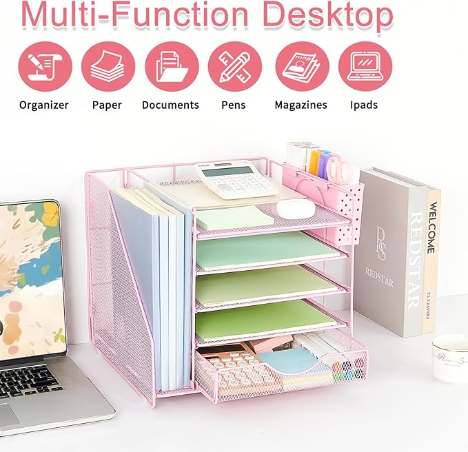 OUTIOE Desk Organizer with Drawer and Pen Holder, 5-Tier Paper Letter Tray Organizer with File Holder, Suitable for Workspace Organizer Office Supplies Storage (Pink)