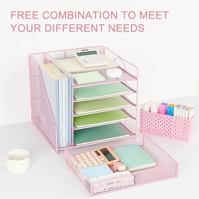 OUTIOE Desk Organizer with Drawer and Pen Holder, 5-Tier Paper Letter Tray Organizer with File Holder, Suitable for Workspace Organizer Office Supplies Storage (Pink)