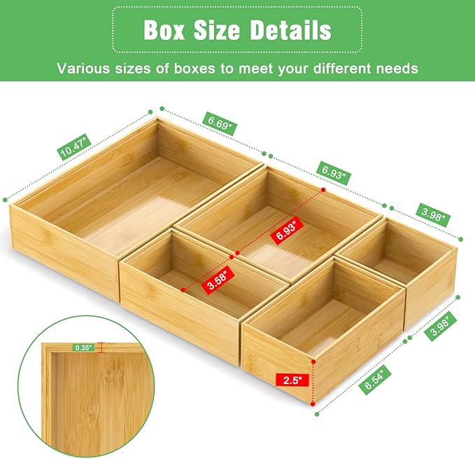 Bamboo Bathroom Drawer Organizer Dividers, Wooden Kitchen Utensil Holder Set of 5, Stackable Junk Drawer Organizer Tray, Multi-Use Storage Bins Boxs for Home, Office, Clothing, Makeup, Jewelry