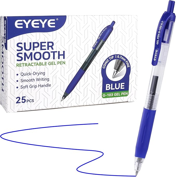 EYEYE G-103 Retractable Gel Pens 0.7mm, 25 Pack 0.7 mm Blue Ink Medium Point Ballpoint Pen Quick Drying, Pen Fine Point Smooth Writing Pens for for Office School Supplies