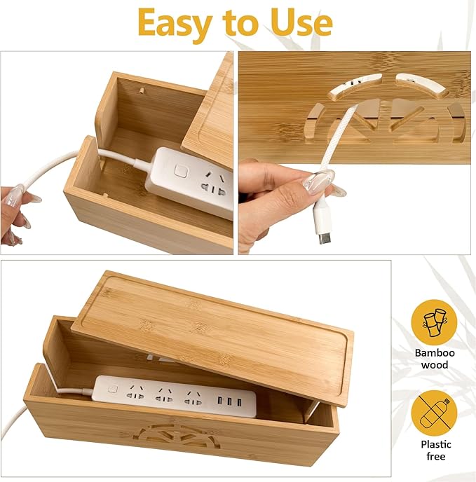 Bamboo Cable Management Box,Extra Large Cord Organizer Box,Power Strips Hider,Plug Strip Cord Box,Outlet Holder,Cords Concealer,Wires Covers,Desk & Floor Tidy Solution (Straight lid)