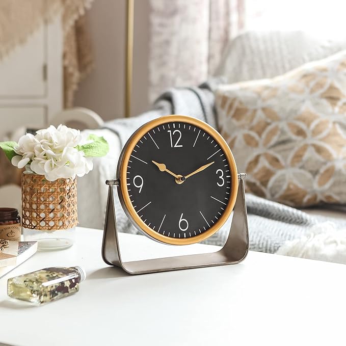 NIKKY HOME Vintage Table Clock, Black Desk Clock on Stand Decorative Desk and Shelf Clocks Metal Tabletop Clock Silent Non-Ticking with Battery Powered for Living Room