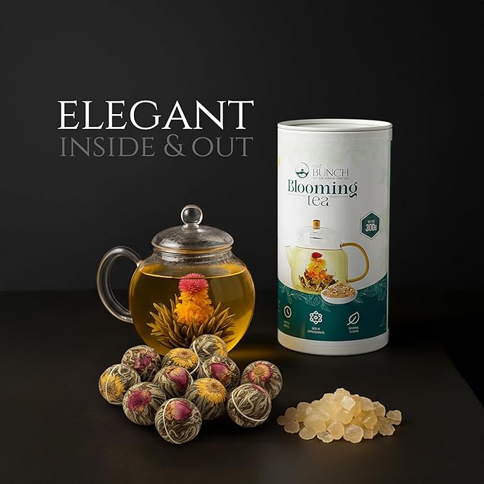 Tea Bunch Blooming Flower Tea Set – 12 Hand-Tied Organic Green Tea Balls with 12 Packs of Rock Sugar, Gift-Ready Packaging, Calming Floral Tea for Wellness & Relaxation (Glass Teapot Not Included)