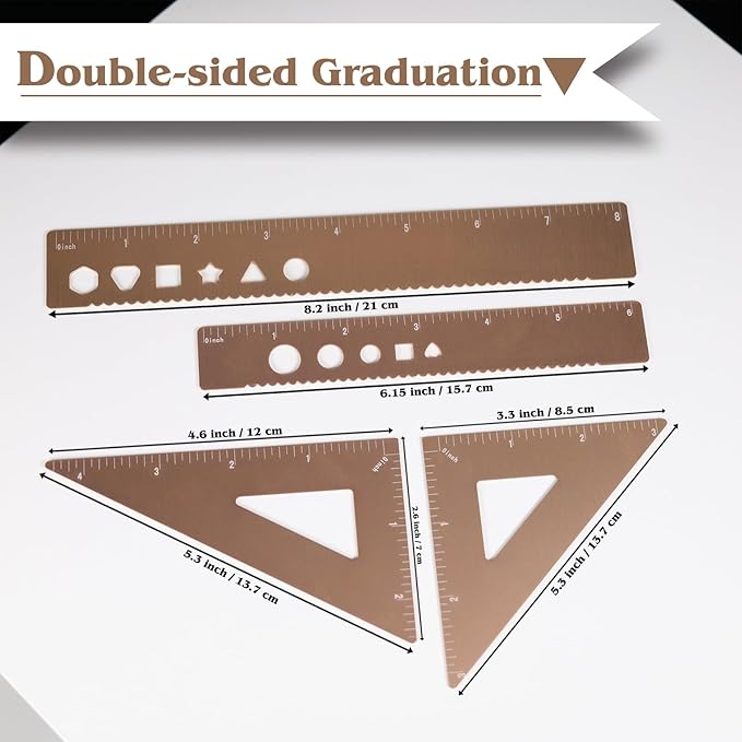 Zotemo 5 Pcs Metal Geometry Set, Math Drafting Ruler Kit- Aluminum Triangle Rulers, Protractor, 8 Inch and 6 Inch Drawing Ruler, Measuring Tool for School and Office (Metric and Inch, Gold)