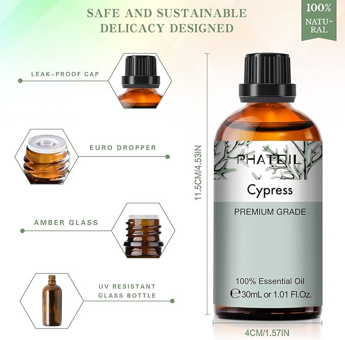 Cypress Essential Oil, 1.01Fl.Oz (30ML) PHATOIL Pure Essential Oil Singles for Aromatherapy Diffusers, Humidifiers, Great for DIY Candle and Soap Making, Gift for Friend