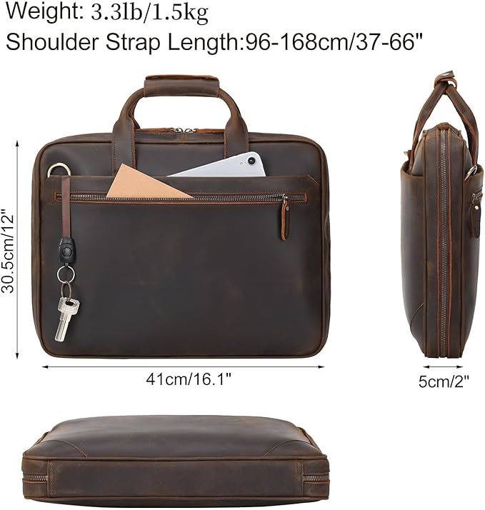 Leather Slim Briefcase for Men 15.6" Laptop Crossbody Messenger Bag Business Work Lawyer Attache Case