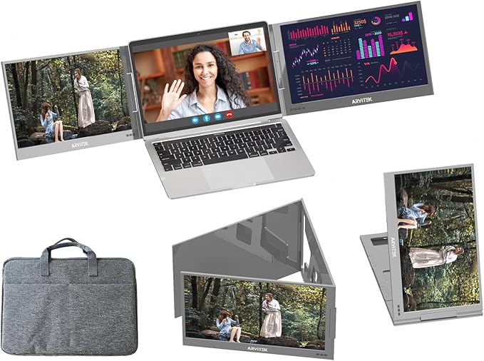Arvitek 15.6 Inch Portable Laptop Screen Extender w/Bag, 1080P USB-C Triple Monitor w/Adjustable Stand for 11"-16" Laptop(Mac, Windows, Android)