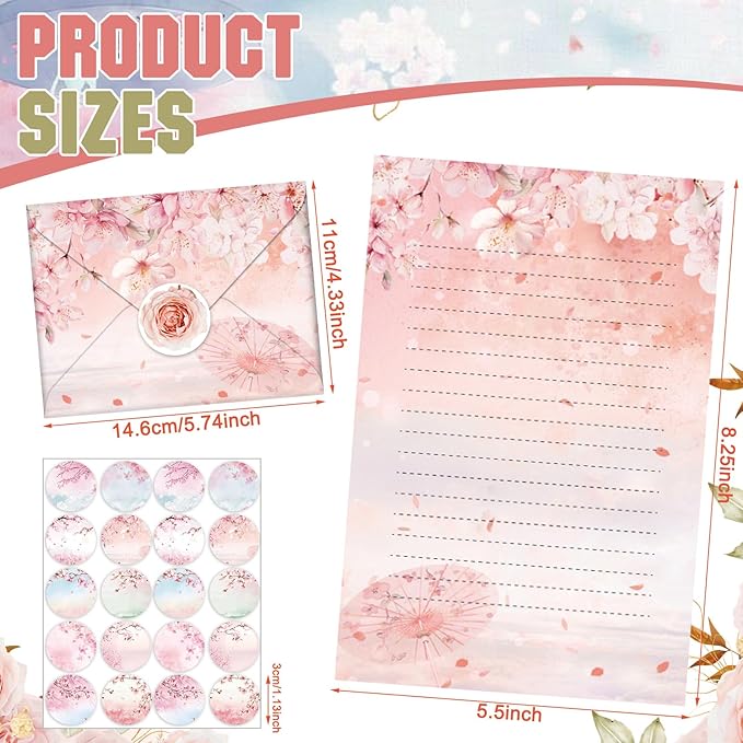 TaoBary 160 Pcs Stationery Paper Set 50 Double Sided Stationery Papers with 50 Matching Envelopes and 60 Round Dot Sticker, 10 Design(Cherry Blossom,5.5 x 8.25 Inch)