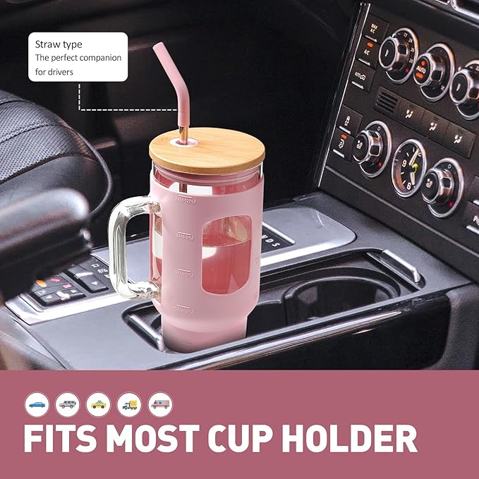Glass Tumbler with Straw and Lid, 40 oz glass cup with handle, Glass Water Bottles with Time Marker, Silicone Protective Sleeve-Pink