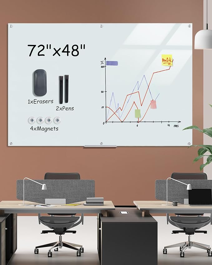 Mifuro Magnetic Glass Whiteboard，72"x48" Wall Mounted Frameless Dry Erase Board for Office, Home & School White