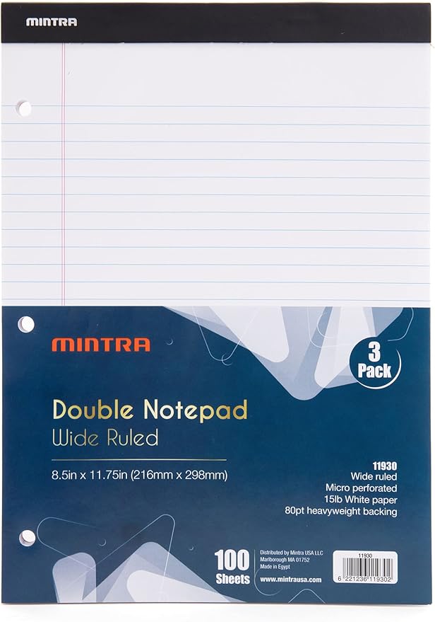Mintra Office Legal Pads (Double Pad 3pk (White), 8.5in x 11in (Wide Ruled))