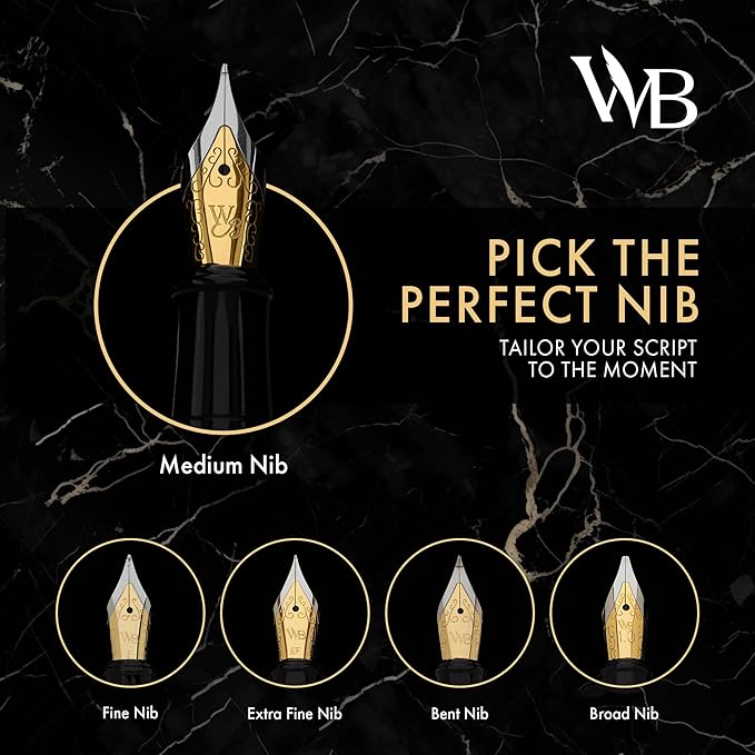Wordsworth & Black Fountain Pen Set, 18K Gilded Bent Nib, Includes 24 Pack Ink Cartridges, Ink Refill Converter & Gift Box, Gold Finish, Calligraphy, [Silver Gold], Perfect for Men & Women
