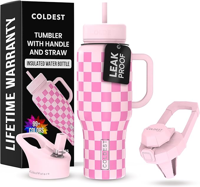 Coldest Tumbler with Handle and Straw - 100% Leak Proof Insulated Tumbler with Lid and Straw (3 Lids) - Stainless Steel Tumblers for Women & Men - Cup Holder Friendly Base, 36 oz (Pink Checkers)