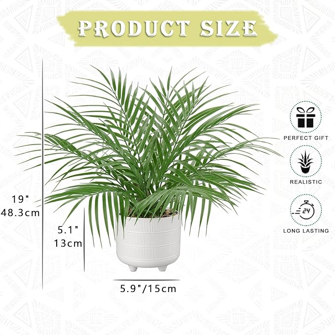 Hollyone Large Artificial Potted Plants Fake Palm Plants 19" Faux Green Plant Plastic Tropical Palm Tree in White Ceramic Pots Bohemian for Home Room Office House Indoor Decoration