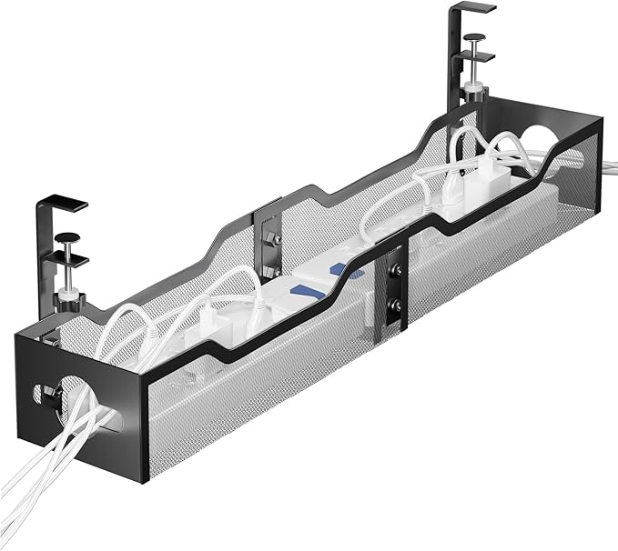 Under Desk Cable Management Tray 24.8", Quszmd Cable Organizer No Drill, Standing Cord Organizer and Wire Management Tray - No Damage to Desk, Black