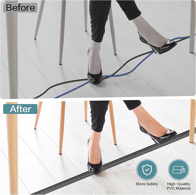 Floor Cord Cover Self Adhesive Cord Hider Floor Extension Cord Covers for Floor Power Cord Protector Cable Management Prevent Cable Trips Cable Cavity 0.47" W x 0.27" H (Deep Grey Wood, 10Ft)