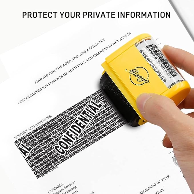 Miseyo Identity Theft Protection Roller Stamp Set - Yellow (6 Refill Ink Incleded)