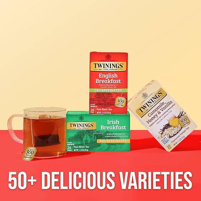 Twinings Decaffeinated English Breakfast Individually Wrapped Bags, 20 Count (Pack of 6), Flavourful & Robust, Enjoy Hot or Iced, 120 Teabags