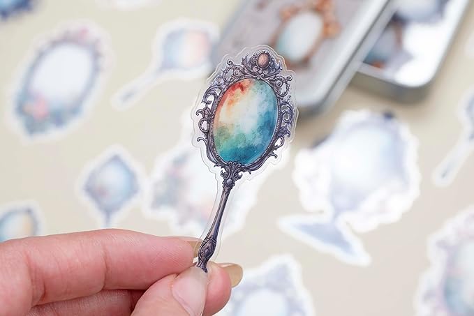 39 Pcs Mirror Mirror Sticker Set with Collectible Tin Box – Vintage Inspired Scrapbooking Stickers for Journals, Planners, Cards, DIY Crafts, Collage, Decorative Stationery & Creative Projects