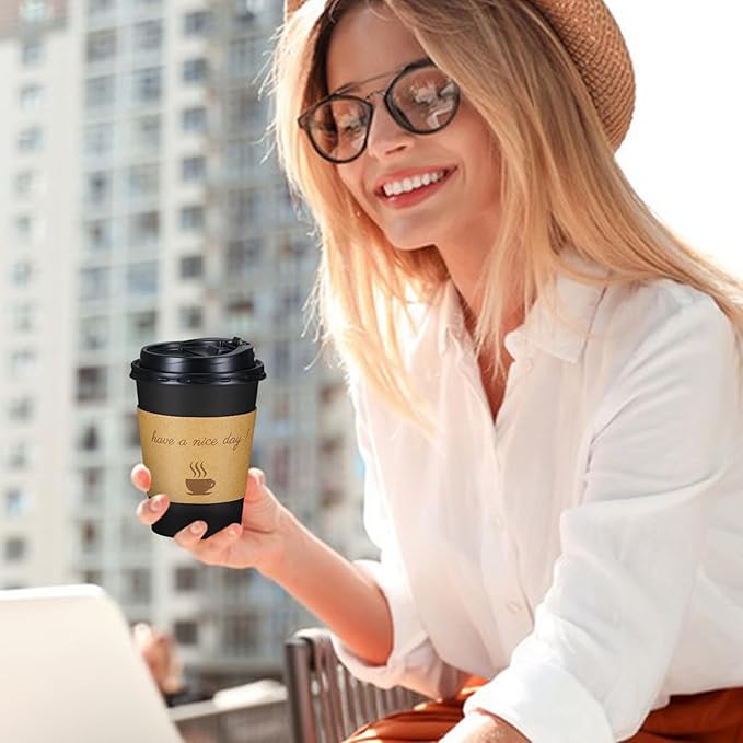 Lamosi 12 oz Coffee Cups with Lids 100 Pack, 12 oz Disposable Coffee Cup with Stir Sticks and Sleeves, To Go Hot Paper Cup for Home, Travel, Office
