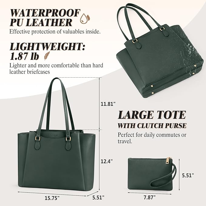 RAINSMORE Laptop Bag for Women 15.6 Inch Work Tote Bags Waterproof Computer Bags Leather Professional Laptop Purse Womens Laptop Briefcase Large Handbag for Office Teacher Travel, Green