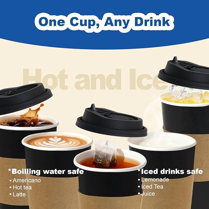 Coolcap 12 oz 100 Pack Coffee Cups with Lids and Sleeves, Straws, Hot Disposable To Go Travel Paper Cups Bulk for Office, Home Coffee Bar Accessories, Chocolate, Cocoa, Beverage (Black)