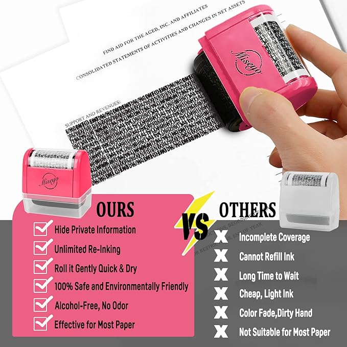 Miseyo Wide Identity Theft Protection Roller Stamp Set - Peach (3 Refill Ink Included)