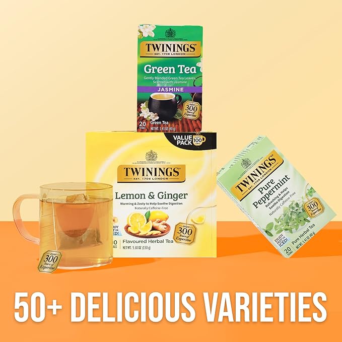 Twinings Lemon & Ginger Herbal Tea Individually Wrapped Bags, 100 Count (Pack of 1), Tangy Lemon, Spicy Ginger, Naturally Caffeine-Free, Enjoy Hot or Iced, 100 Teabags