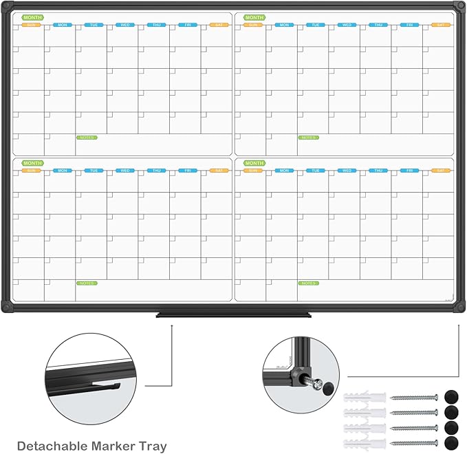 JILoffice Magnetic Dry Erase Calendar Whiteboard, 4 Month White Board Planner 36 X 24 Inch, Black Aluminum Frame Wall Mounted Board for Office Home and School