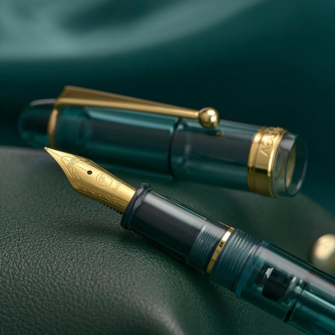 Asvine V126 Vacuum Filling Fountain Pen Gold Plated Fine Point, Transparent Teal Acrylic Pen Gift Case
