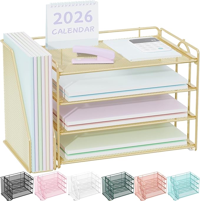 Spacrea Desk Organizers and Accessories, Paper Organizer for Desk with File organizer, Desk Accessories & Workspace Organizers for Office Supplies (Gold)