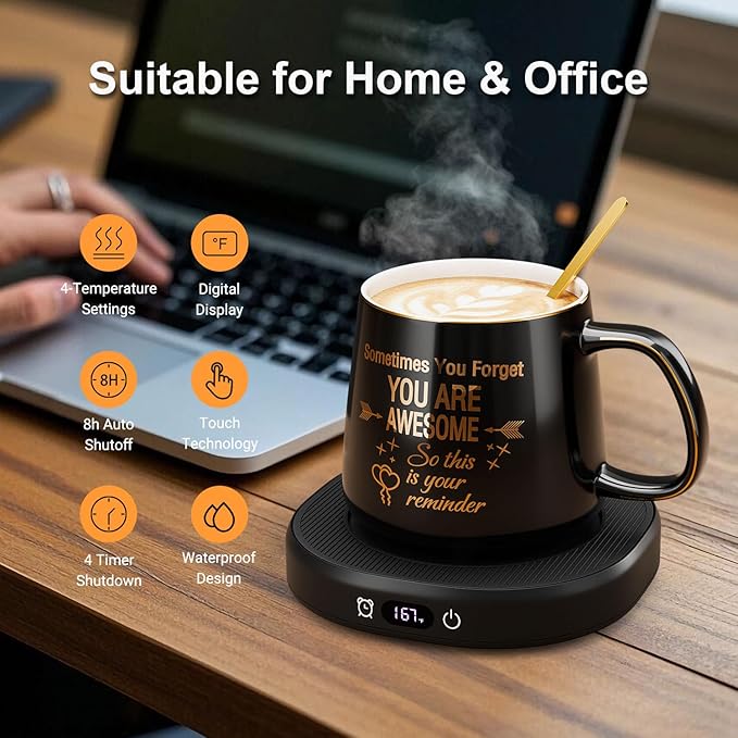 Coffee Mug Warmer & You are Awesome Mug Set, Electric Cup Warmer with Auto Shut Off, 4 Temperature Setting Smart Beverage Warmer, 8-Hours Auto Shut Off (Black Awesome Mug)
