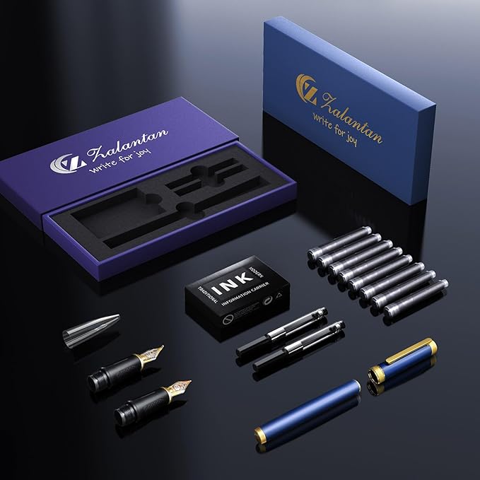 Zalantan Fountain pen,Luxury pen,Nice pen gift pure copper heavy feel Office Executive Pen Smooth Writing Pens for Men Funcy Pens with Gift Case 10 black cartridges medium nib (Blue)