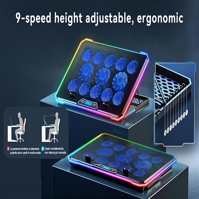 Gaming Laptop Cooler with 13 Ultra Quiet Fans, LCD Screen and Multi Color RGB - 10 Lighting Modes, 9 Adjustable Heights, Dual USB Ports, Built in Phone Holder for 15 to 21 Inch Laptops on Desk or Lap
