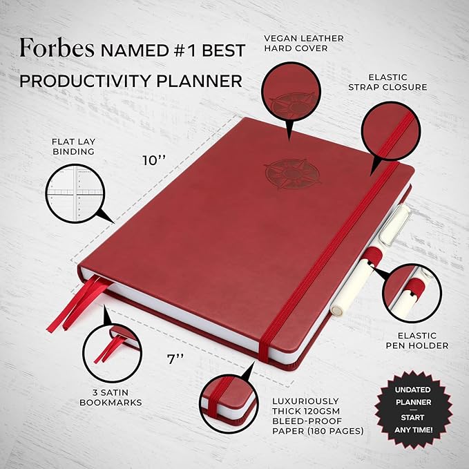 Smart Planner Pro – Undated Daily Planner – Medium B5 – Achieve Goals & Increase Productivity with Weekly, Monthly, Work Sections - Organizer Planner with Back Pocket, 3 Satin Bookmarks & Pen Holder