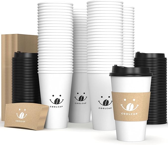 Coolcap 100 Pack 12oz Disposable Coffee Cups with Lids and Sleeves, To Go Paper Cups for Hot & Cold Beverages