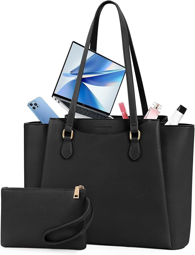 RAINSMORE Laptop Bag for Women 15.6 Inch Work Tote Bags Waterproof Computer Bags Leather Professional Laptop Purse Womens Laptop Briefcase Large Handbag for Office Teacher Travel, Black
