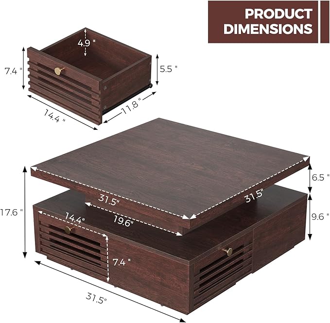 IRONCK Coffee Table with LED Light and Charging Station, 4 Storage Drawers with Grille Design, Square Coffee Table for Living Room Office Reception Room (Walnut)