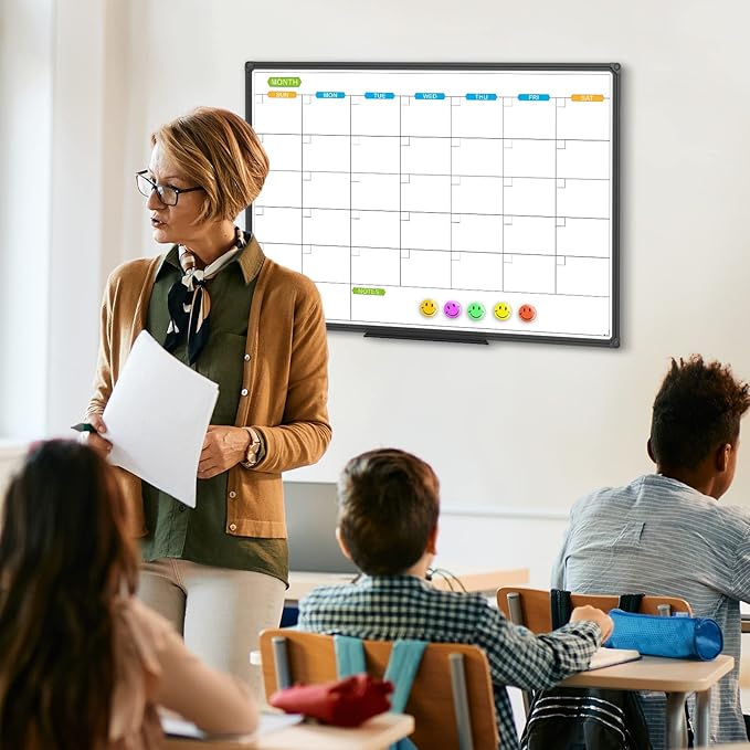 JILoffice Dry Erase Calendar Whiteboard - Magnetic White Board Calendar Monthly 36 X 24 Inch, Black Aluminum Frame Wall Mounted Board for Office Home and School