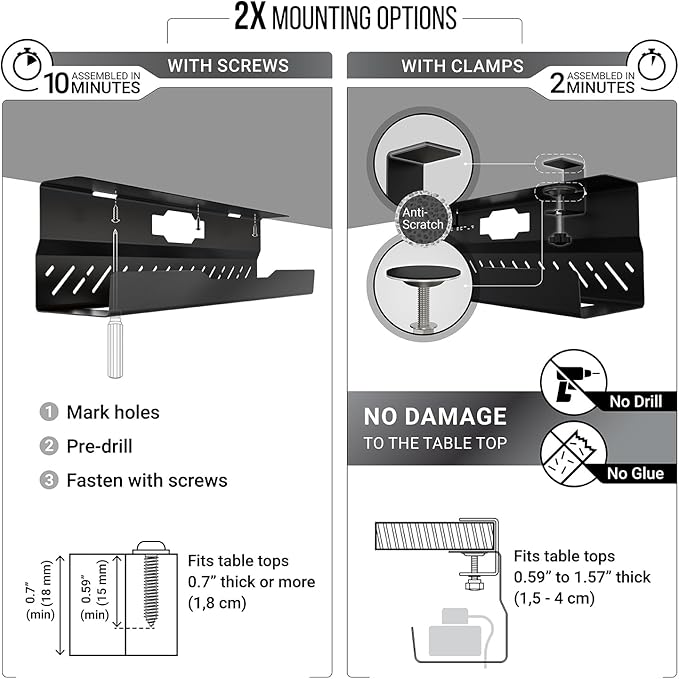 Under Desk Cable Management Tray no Drill – Wire Management - Cord Organizer – Huge Load Capacity – Under Desk Cable Tray no Drill (Black, 2 Pieces Set)